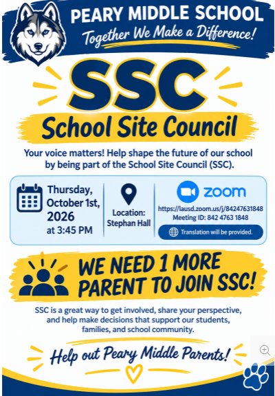 We still need 1 more parent volunteer to serve on our School Site Council (SSC), please self nominate and join us this school year!